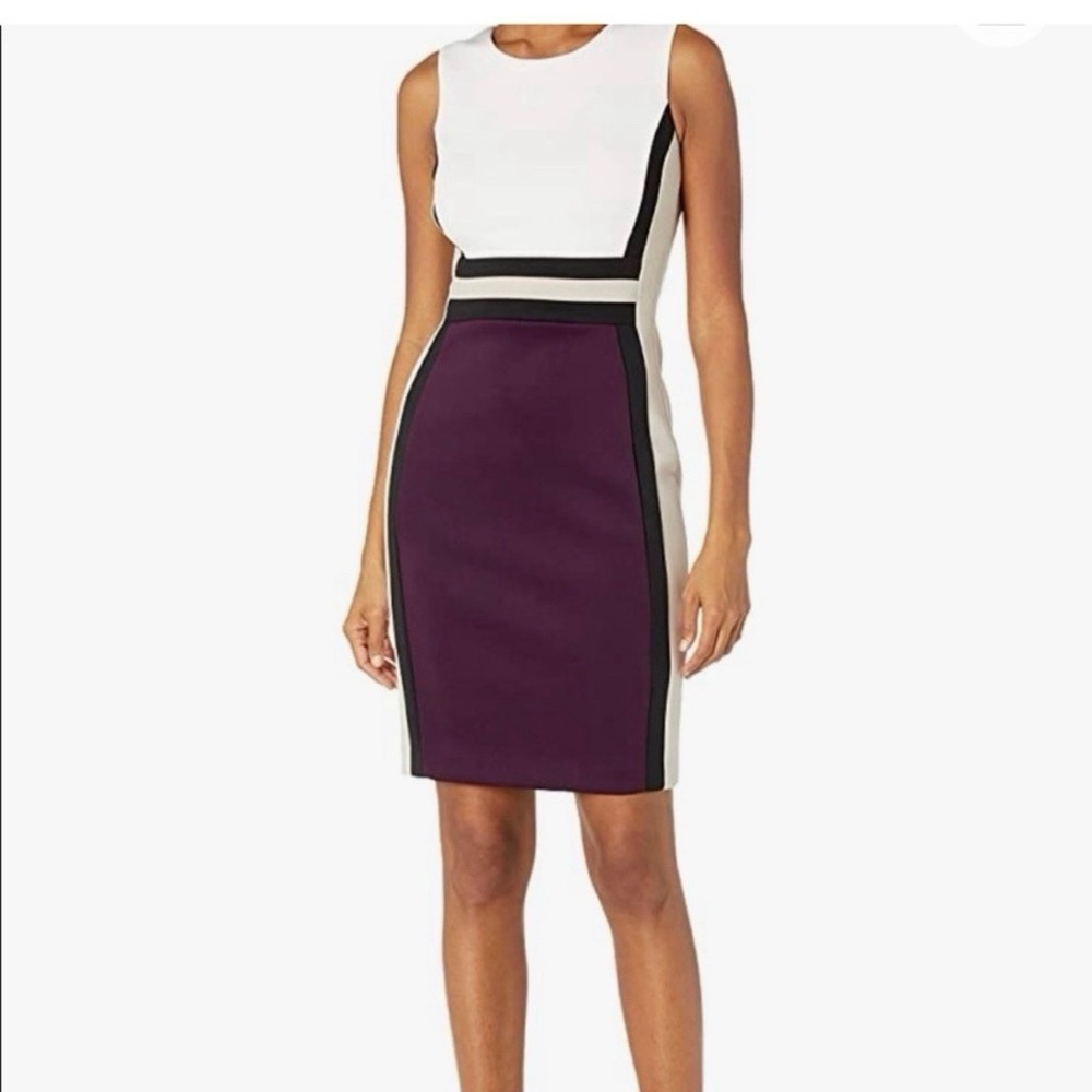 Calvin Klein Purple Cream Colorblock Scuba Knit Sleeveless Sheath Dress Size 4